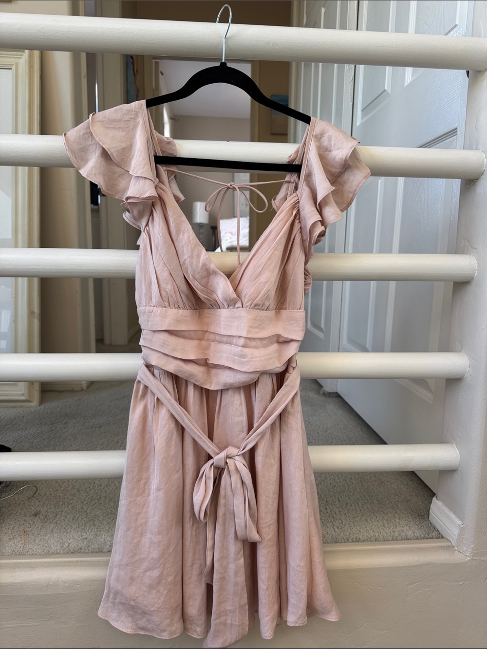 Ruffle V-Neck Mini Dress in Blush Pink